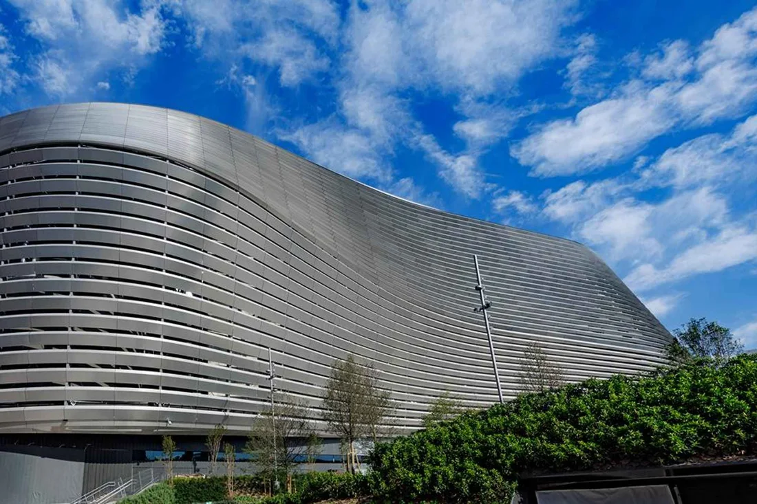 The rebuilt exterior of the Santiago Bernabéu stadium, a football museum in Madrid, Spain